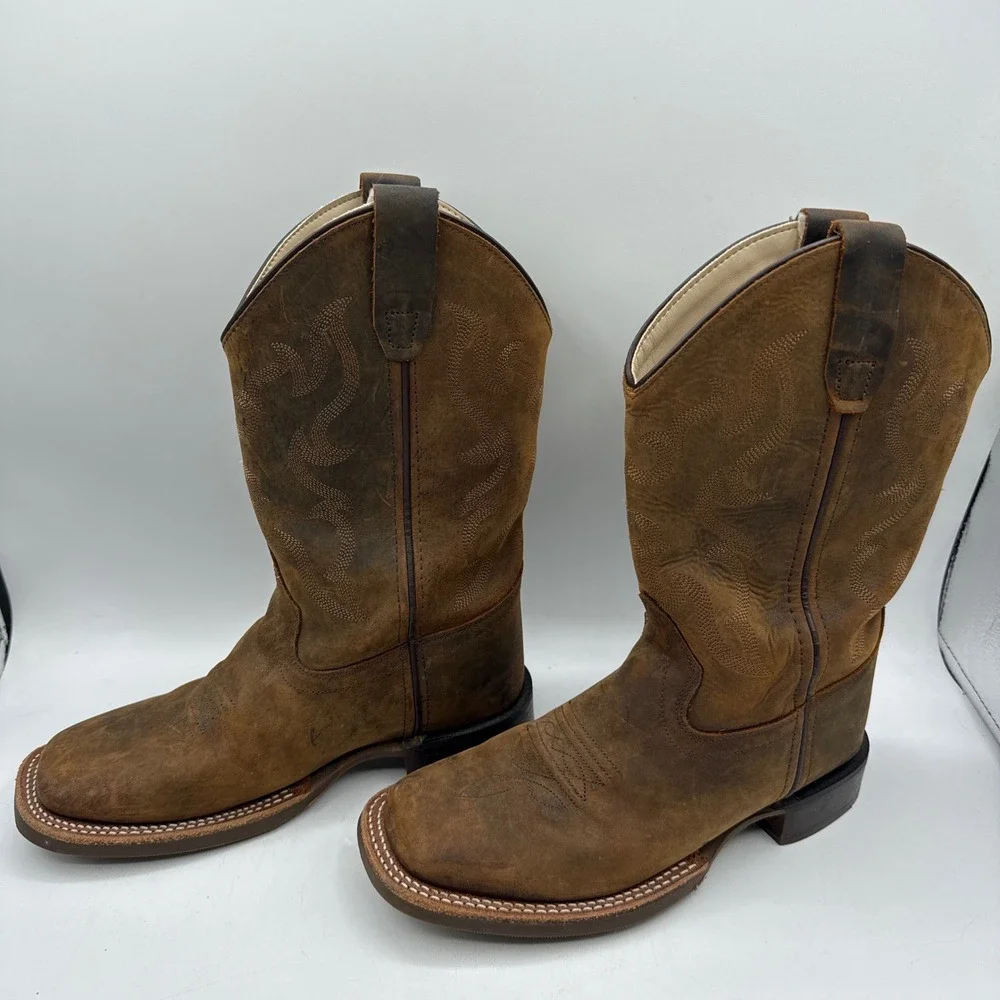 Cody James Western Leather Square Toe Boots Kids 3.0 D Brown Stitched Distressed